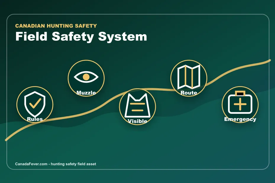 Canadian hunting safety field system visual with rules muzzle visibility route and emergency steps
