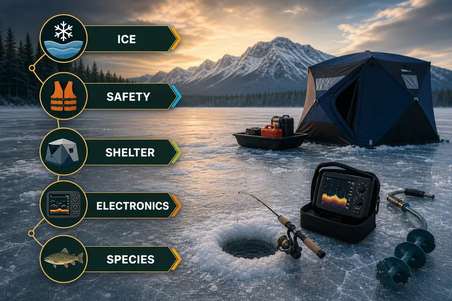 Canadian ice fishing start system infographic with ice safety shelter electronics and species labels