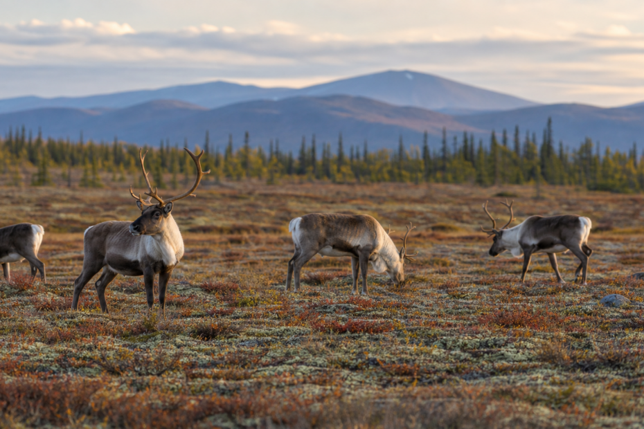 Realistic caribou herd grazing on northern Canadian tundra at a respectful viewing distance