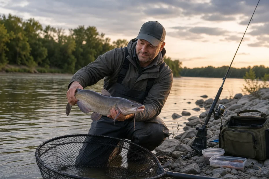 Catfish fishing in Canada with angler handling a channel catfish beside a river and landing net