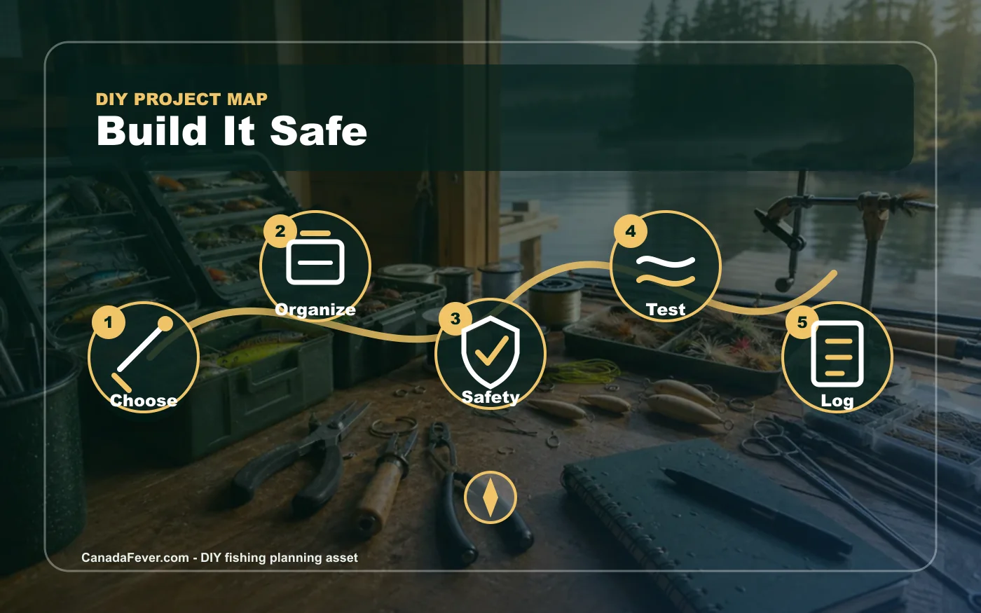 DIY fishing project decision map with choose organize safety test and log steps