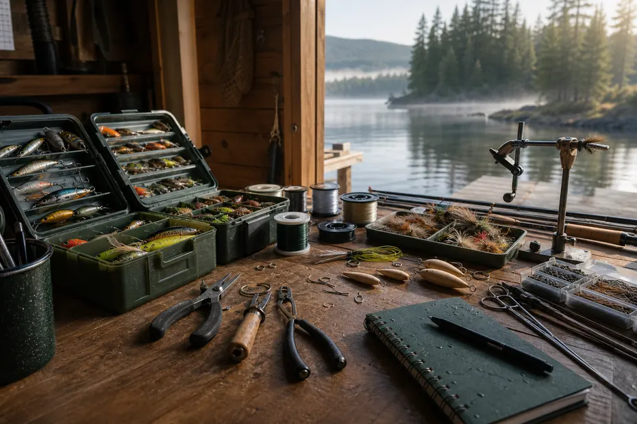 DIY fishing project workbench with tackle boxes tools and a Canadian lake in the background