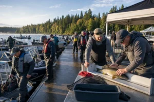 Fishing competitions and events in Canada with anglers at a marina tournament weigh-in and live-release measuring station