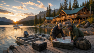 Remote Canadian lake lodge with fishing boats, floatplane, gear cases and two outdoors travellers reviewing a map