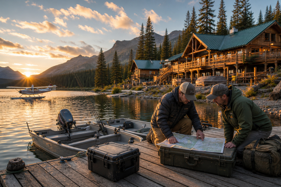 Remote Canadian lake lodge with fishing boats, floatplane, gear cases and two outdoors travellers reviewing a map