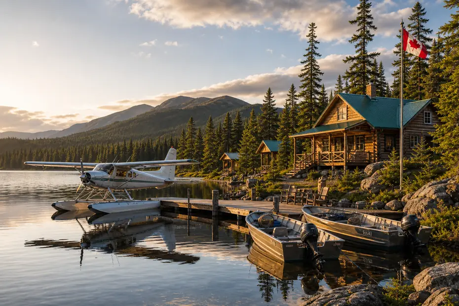 Remote Canadian fishing lodge with floatplane boats and lake at golden hour