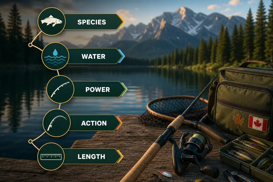 Canadian fishing rod decision map showing species, water, power, action, and length