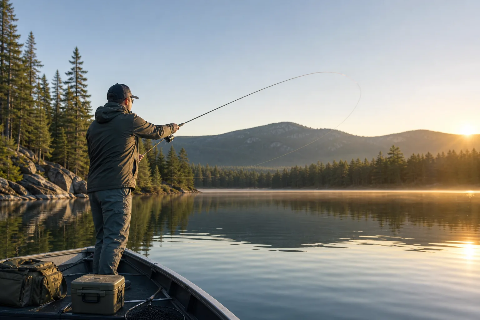 Angler casting on a calm Canadian freshwater lake with evergreen forest and rocky shoreline