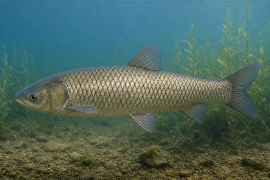 Grass carp identification image for Canadian anglers showing a side profile fish in freshwater vegetation
