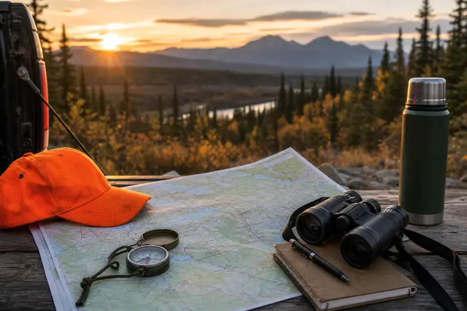 Canadian hunting safety planning gear with map binoculars notebook and emergency kit