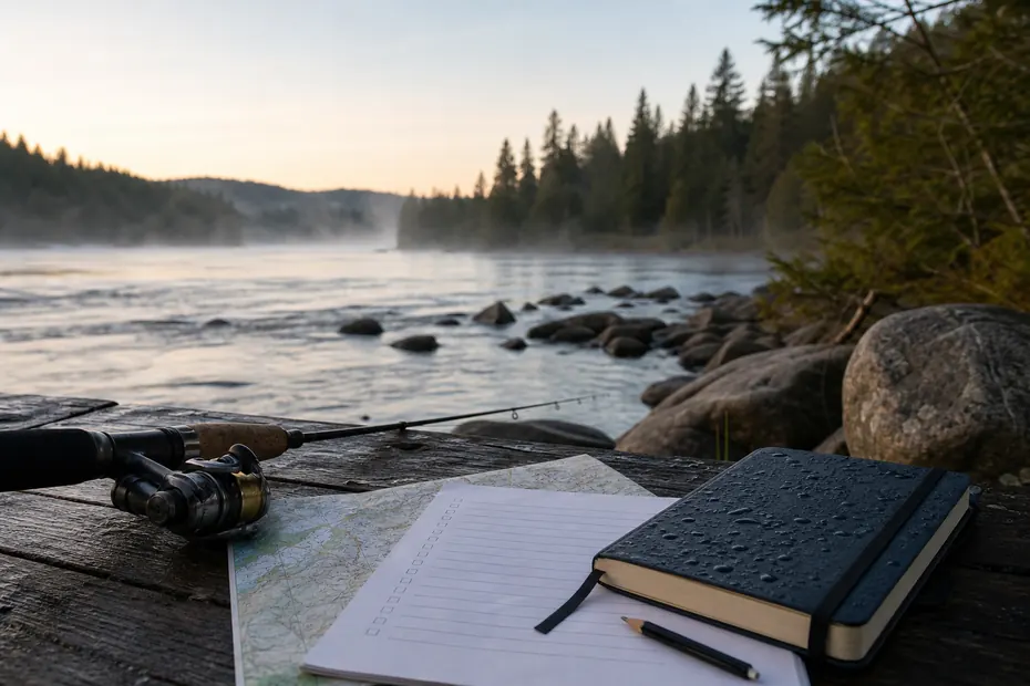 Canadian river fishing planning scene with rod map notebook and regulation checklist on a misty shoreline