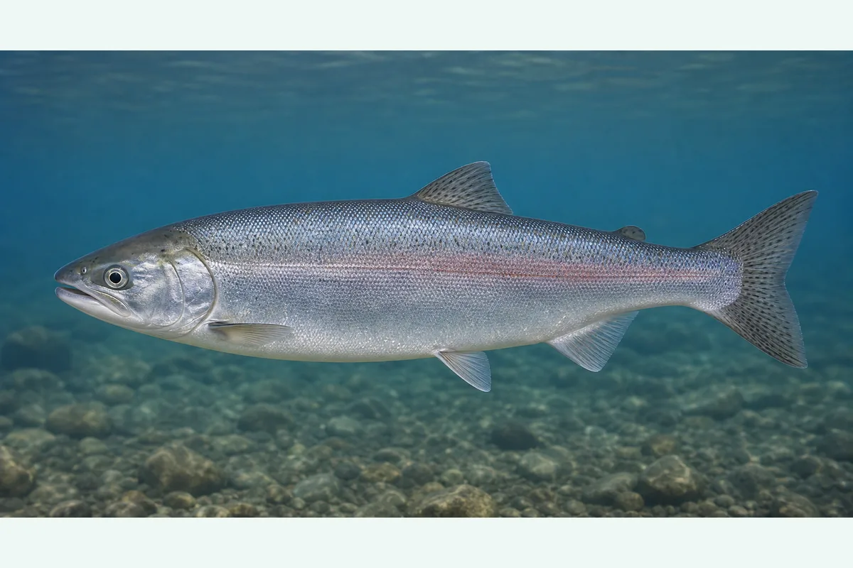 Realistic identification illustration of a kokanee salmon fish in side profile