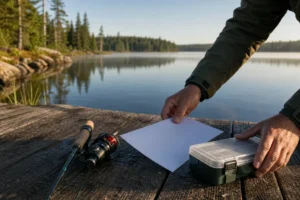 Angling licence paperwork and fishing gear on a Manitoba lake dock