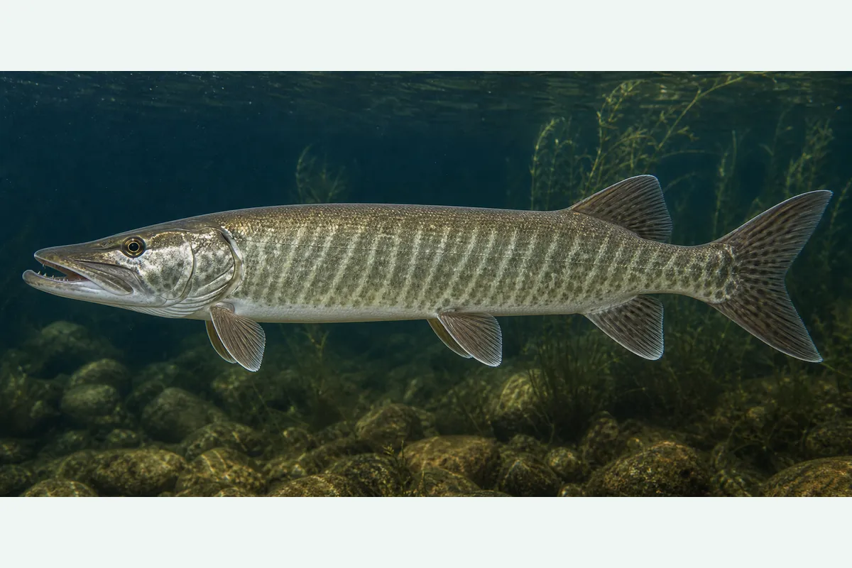 Realistic identification illustration of a muskie fish in side profile