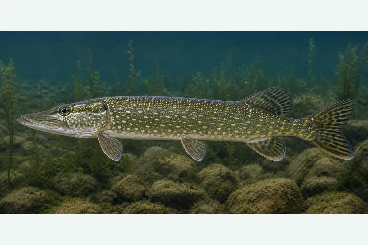 Realistic identification illustration of a northern pike fish in side profile