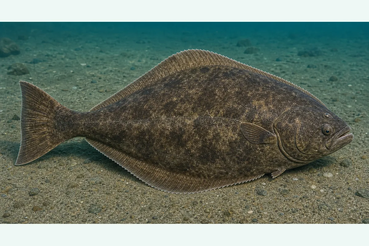 Realistic identification illustration of a Pacific halibut fish in identification view
