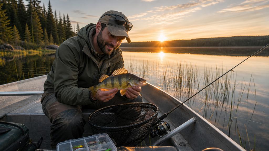 Angler holding a yellow perch in a small boat on a calm Canadian lake at sunrise