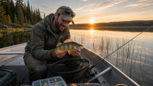 Angler holding a yellow perch in a small boat on a calm Canadian lake at sunrise