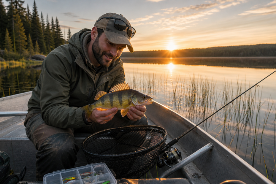 Angler holding a yellow perch in a small boat on a calm Canadian lake at sunrise