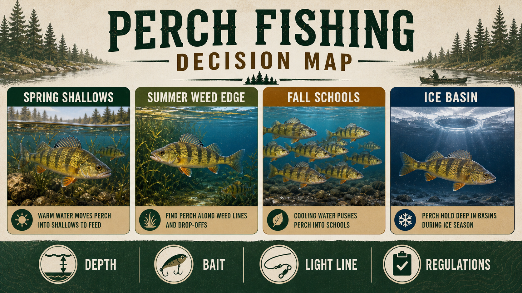Perch Fishing Decision Map infographic showing seasonal patterns, depth, bait, light line and regulations