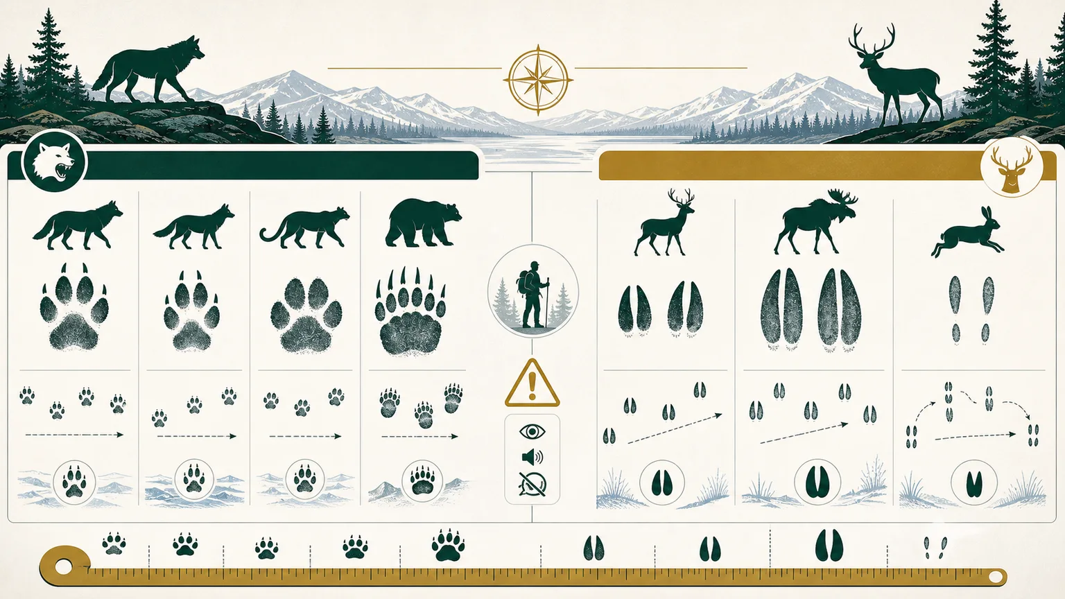 Professional predator versus prey track identification infographic for Canadian wildlife tracking