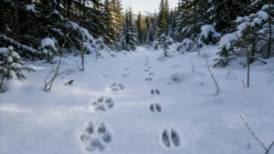 Predator and prey animal tracks crossing a snowy Canadian boreal forest trail