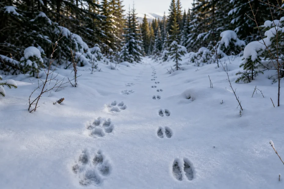 Predator and prey animal tracks crossing a snowy Canadian boreal forest trail