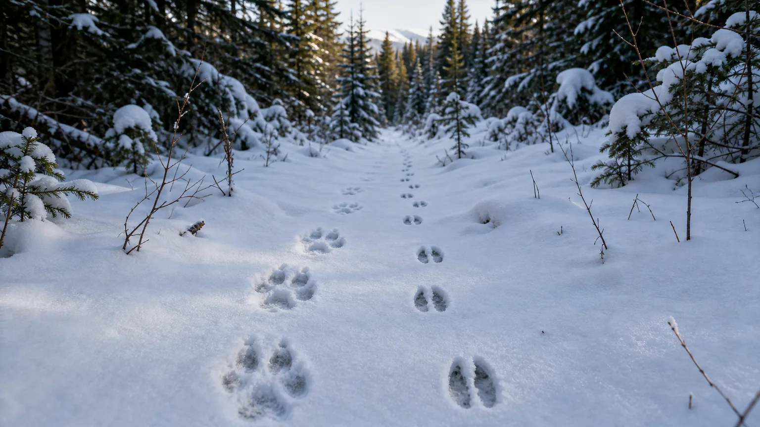 Predator and prey animal tracks crossing a snowy Canadian boreal forest trail