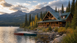 Rustic timber backcountry lodge beside a remote Canadian lake with canoes, forest, mountains and a distant floatplane