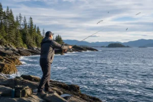 Saltwater fishing in Canada coastal starter guide with angler casting from rocky shoreline near ocean islands and evergreen forest