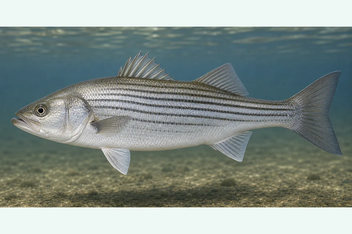 Realistic identification illustration of a striped bass fish in side profile