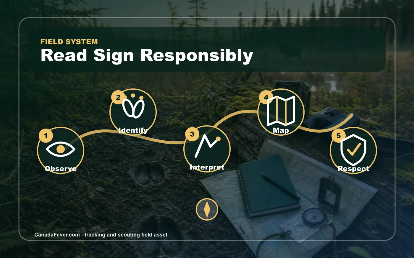 Tracking and scouting field system with observe identify interpret map and respect steps