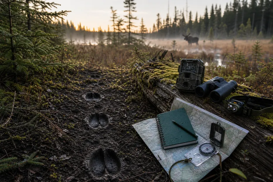 Wildlife tracks, binoculars, map, compass, headlamp and trail camera in a Canadian boreal forest