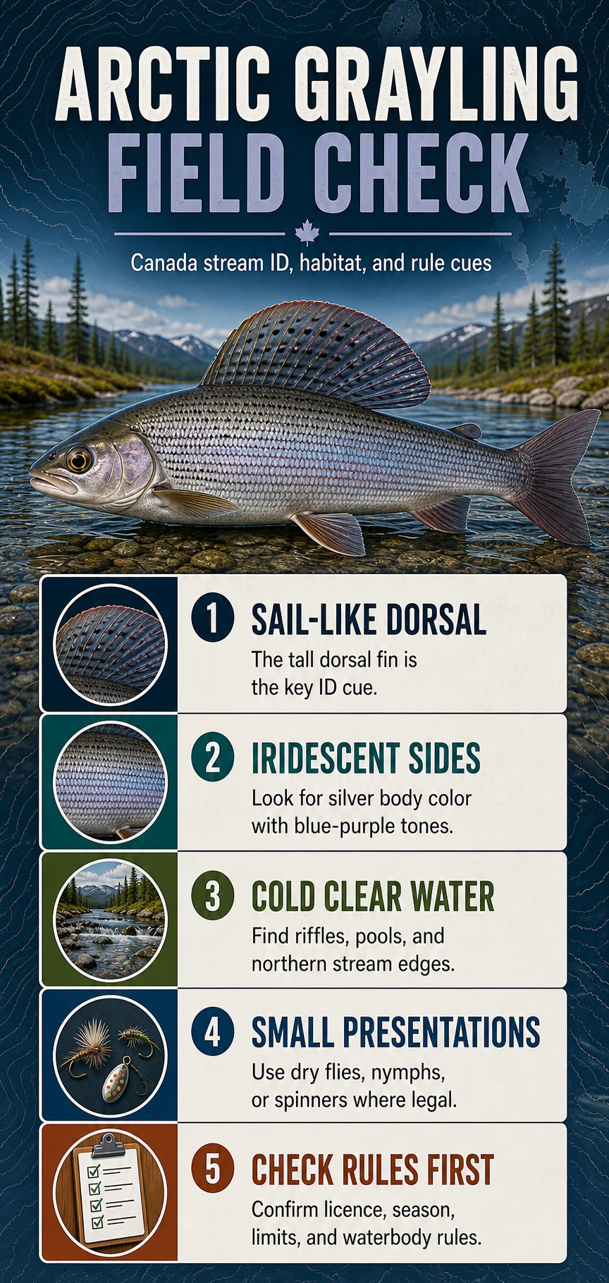 Arctic Grayling Field Check infographic for Canadian fishing identification, habitat, presentation, and regulation cues