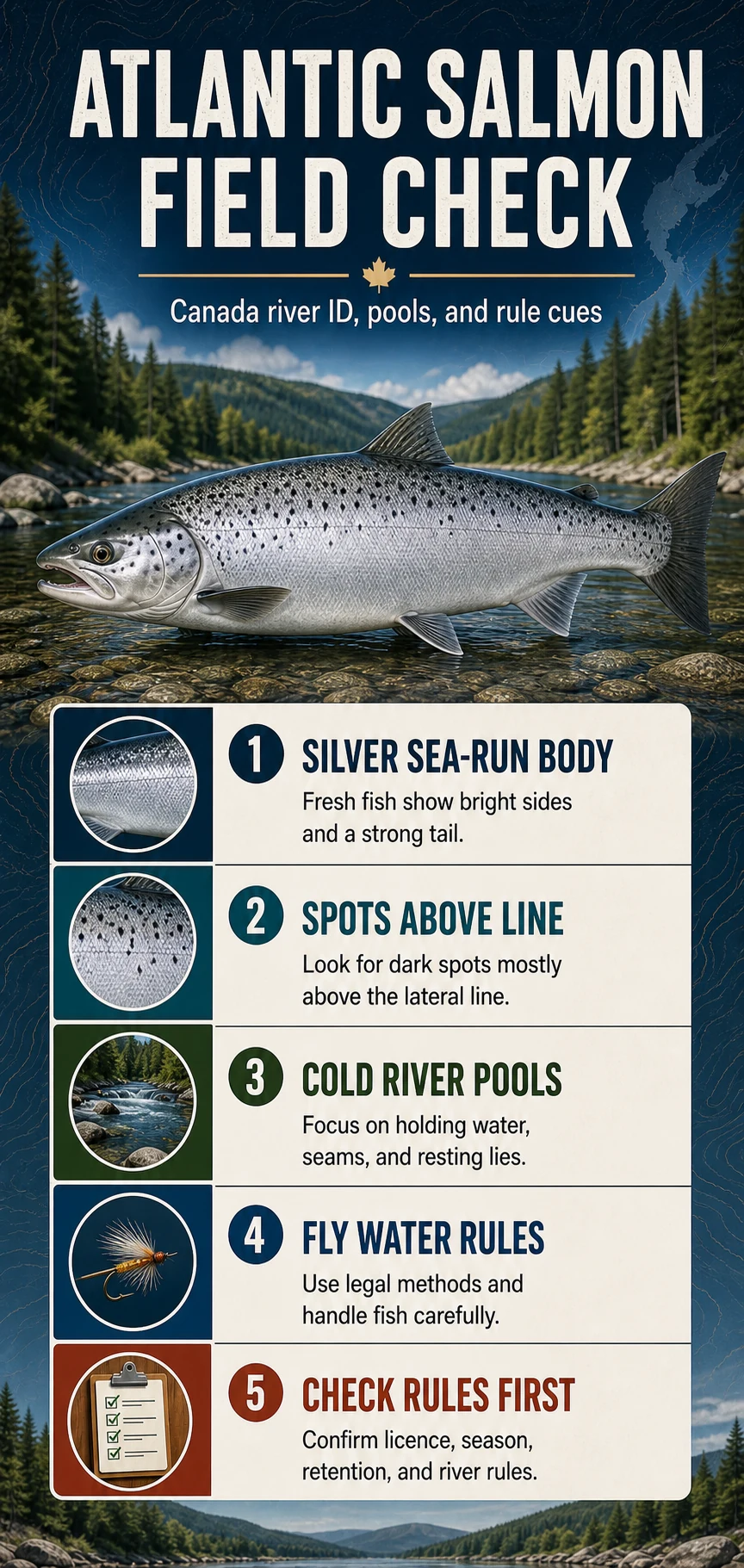 Atlantic Salmon Field Check infographic for Canadian fishing identification, habitat, presentation, and regulation cues
