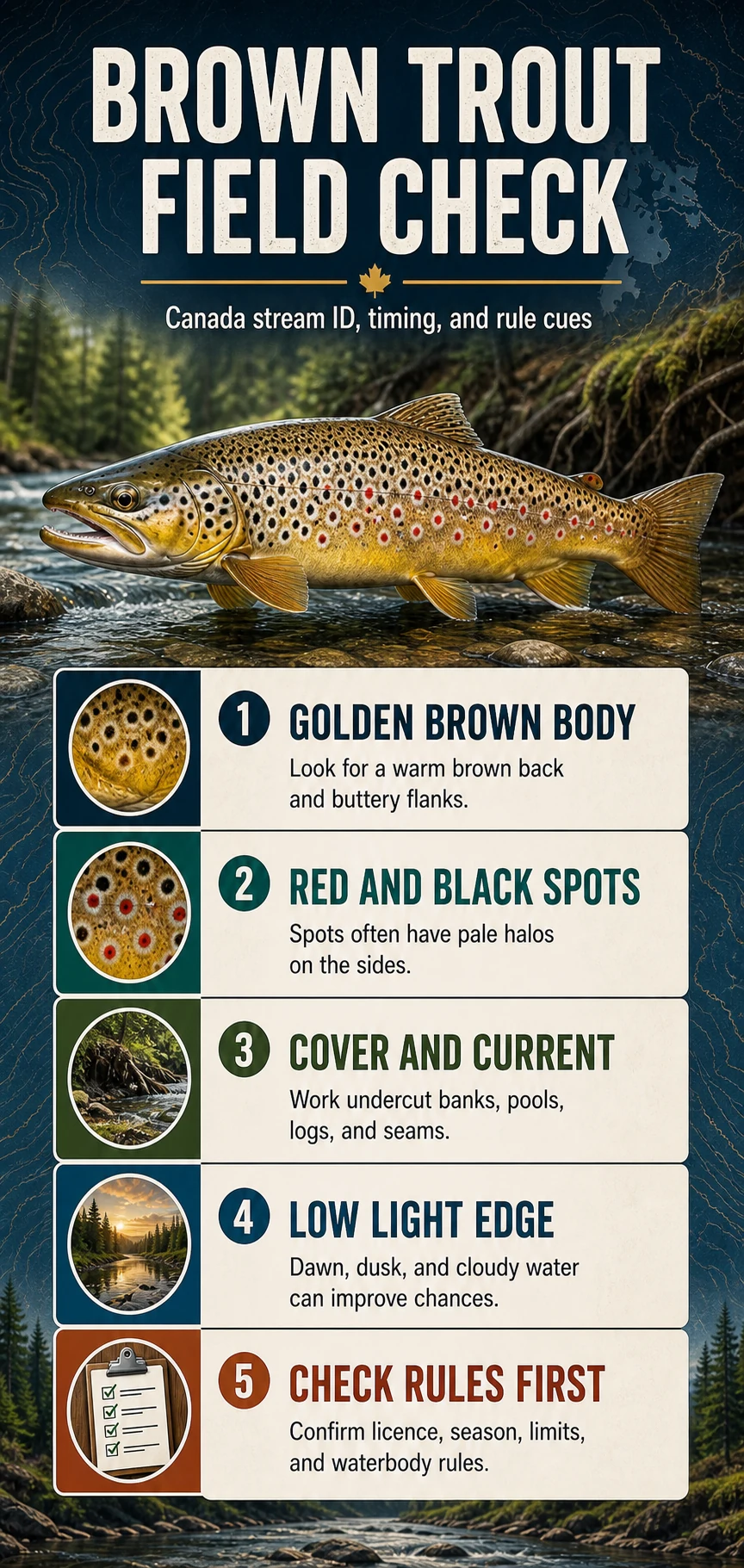 Brown Trout Field Check infographic for Canadian fishing identification, habitat, presentation, and regulation cues