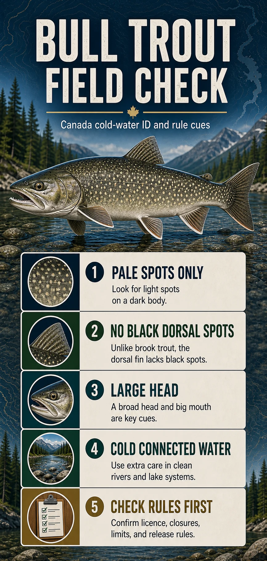 Bull Trout Field Check infographic for Canadian fishing identification, habitat, presentation, and regulation cues
