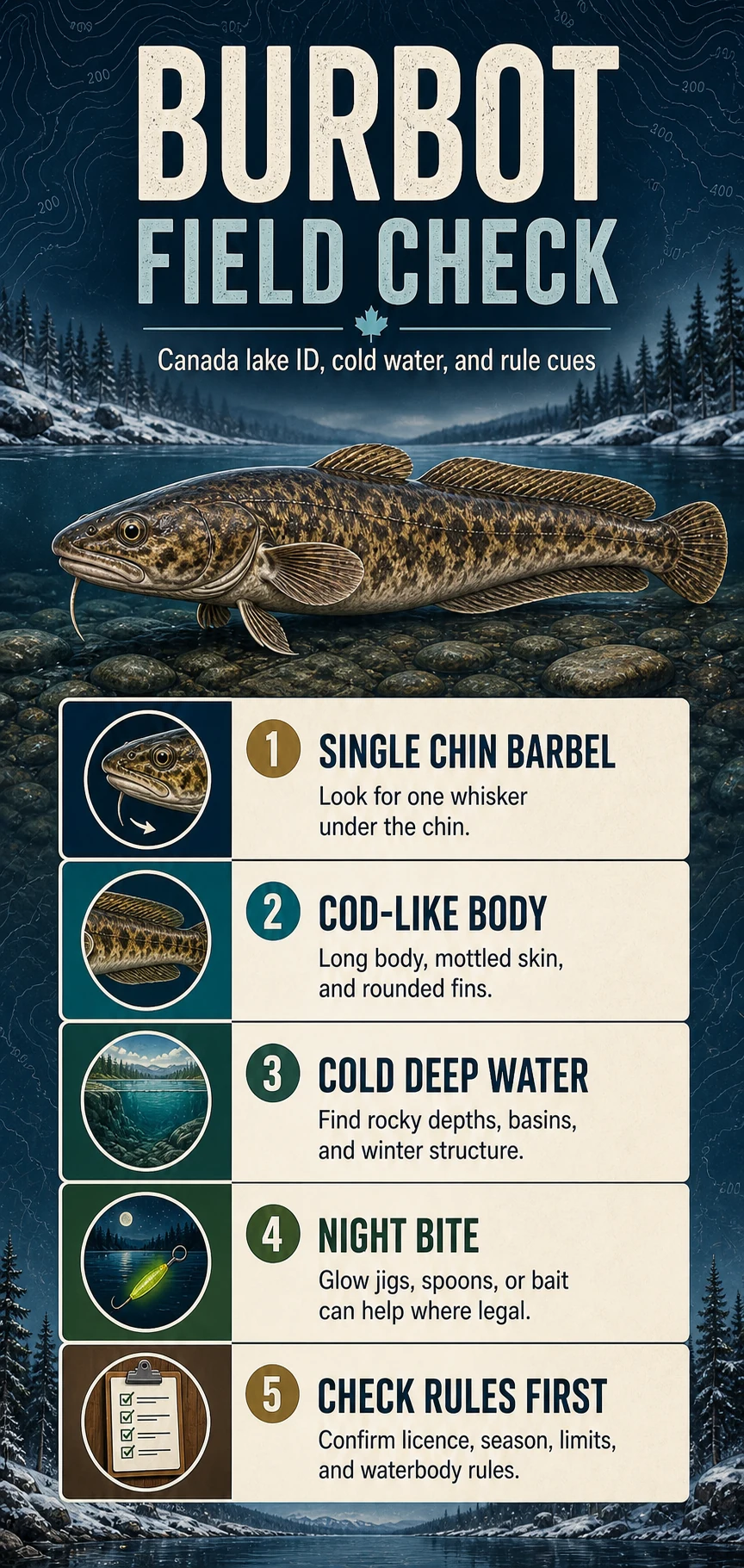 Burbot Field Check infographic for Canadian fishing identification, habitat, presentation, and regulation cues