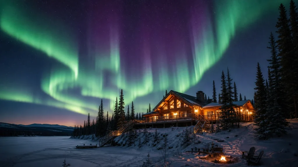 Remote Canadian wilderness lodge under the northern lights