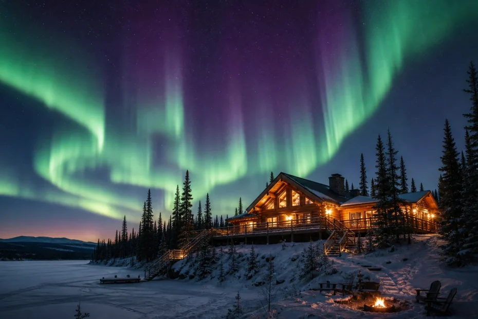 Remote Canadian wilderness lodge under the northern lights