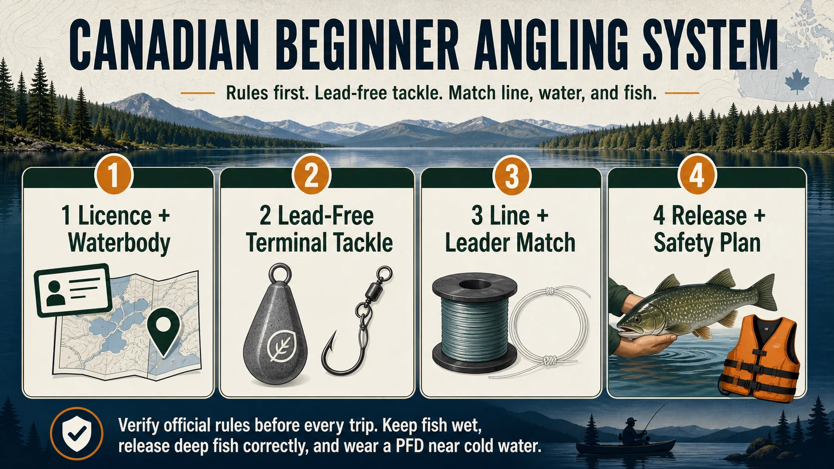 Canadian beginner angling system infographic showing licence waterbody lead-free tackle line leader match and release safety plan