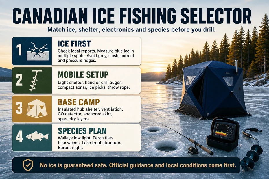 Canadian ice fishing selector infographic with ice first mobile setup base camp and species plan