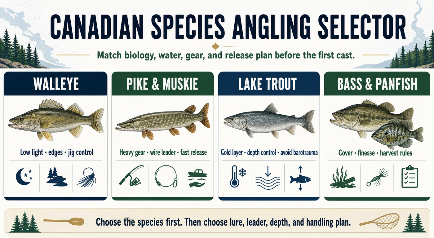Canadian Species Angling Selector infographic for walleye, pike, muskie, lake trout, bass and panfish