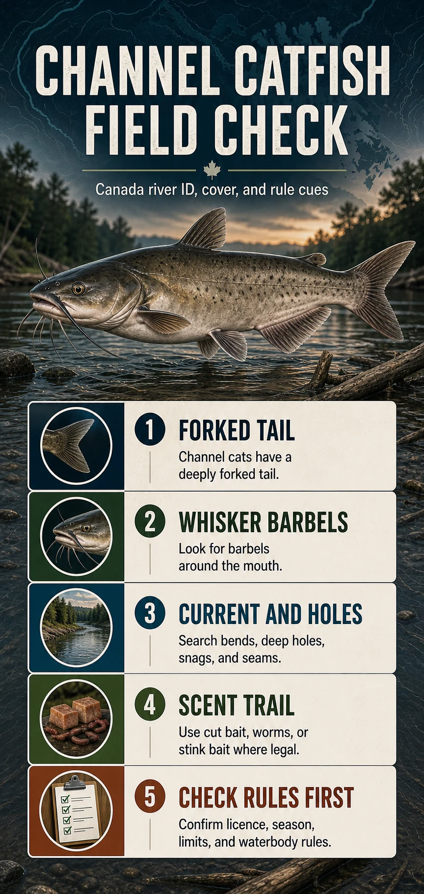Channel Catfish Field Check infographic for Canadian fishing identification, habitat, presentation, and regulation cues