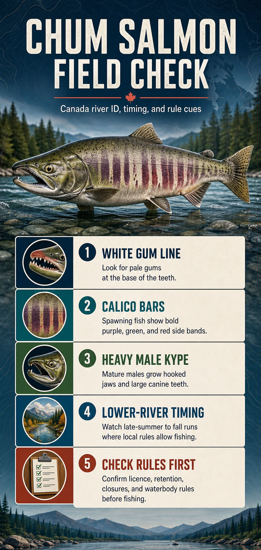 Chum Salmon Field Check infographic for Canadian river identification, timing, and regulation cues
