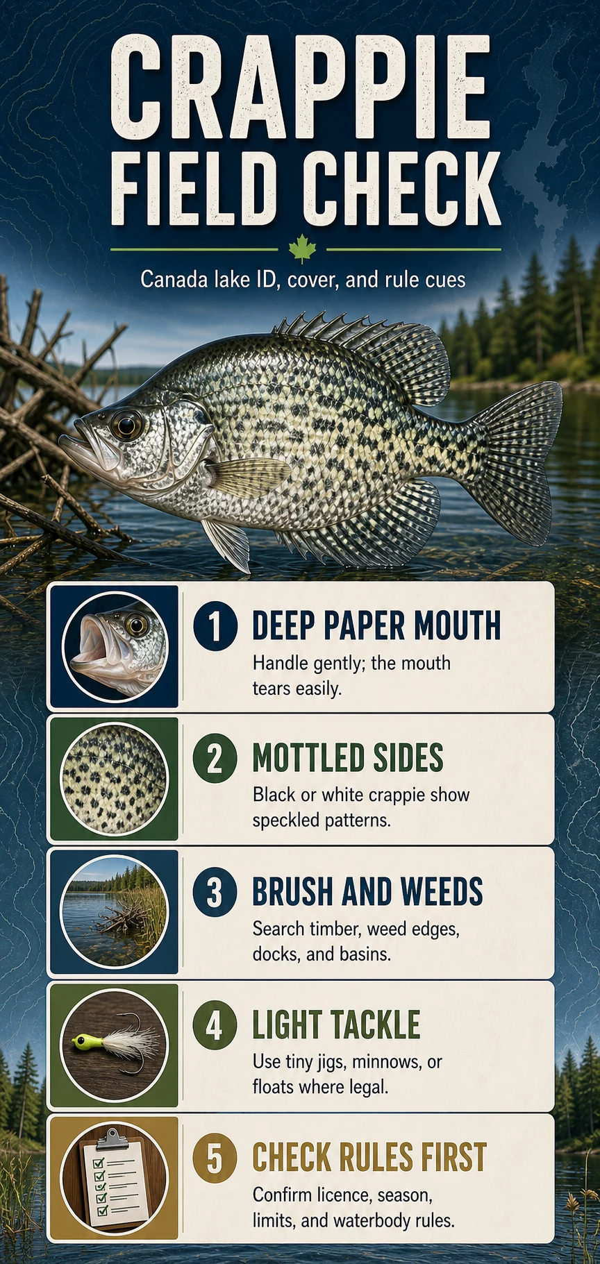 Crappie Field Check infographic for Canadian fishing identification, habitat, presentation, and regulation cues