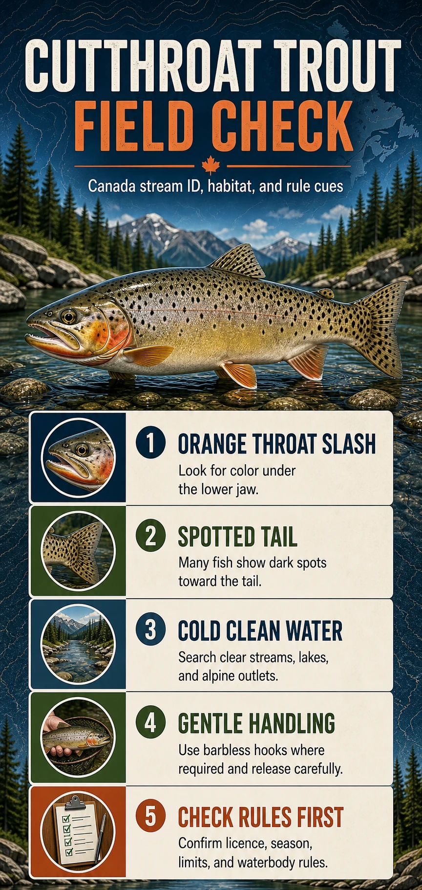 Cutthroat Trout Field Check infographic for Canadian fishing identification, habitat, presentation, and regulation cues
