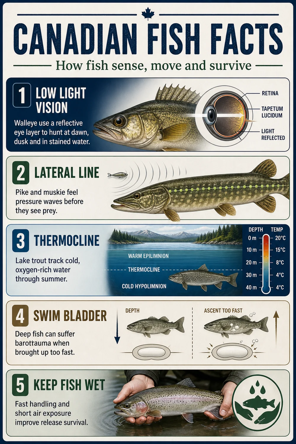 Canadian fish facts infographic showing low light vision, lateral line, thermocline, swim bladder and keep fish wet handling