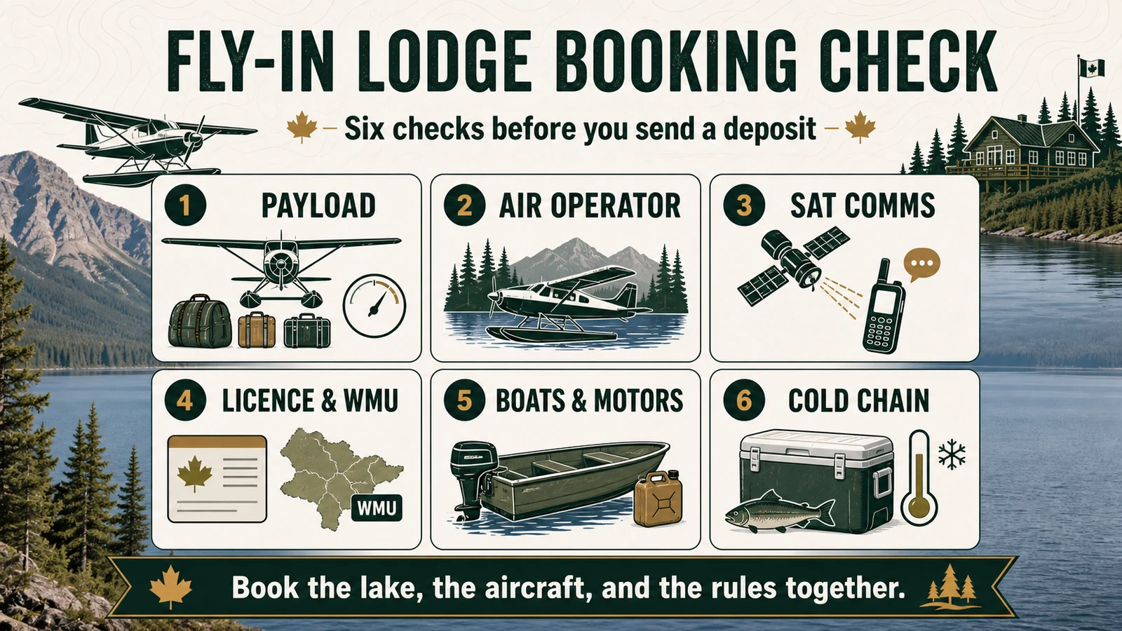 Fly-in lodge booking check infographic with payload, air operator, satellite communication, licence and WMU, boats and motors, and cold chain checks