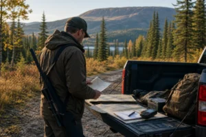 Non-resident hunter reviewing maps and permits before a Canadian hunting trip